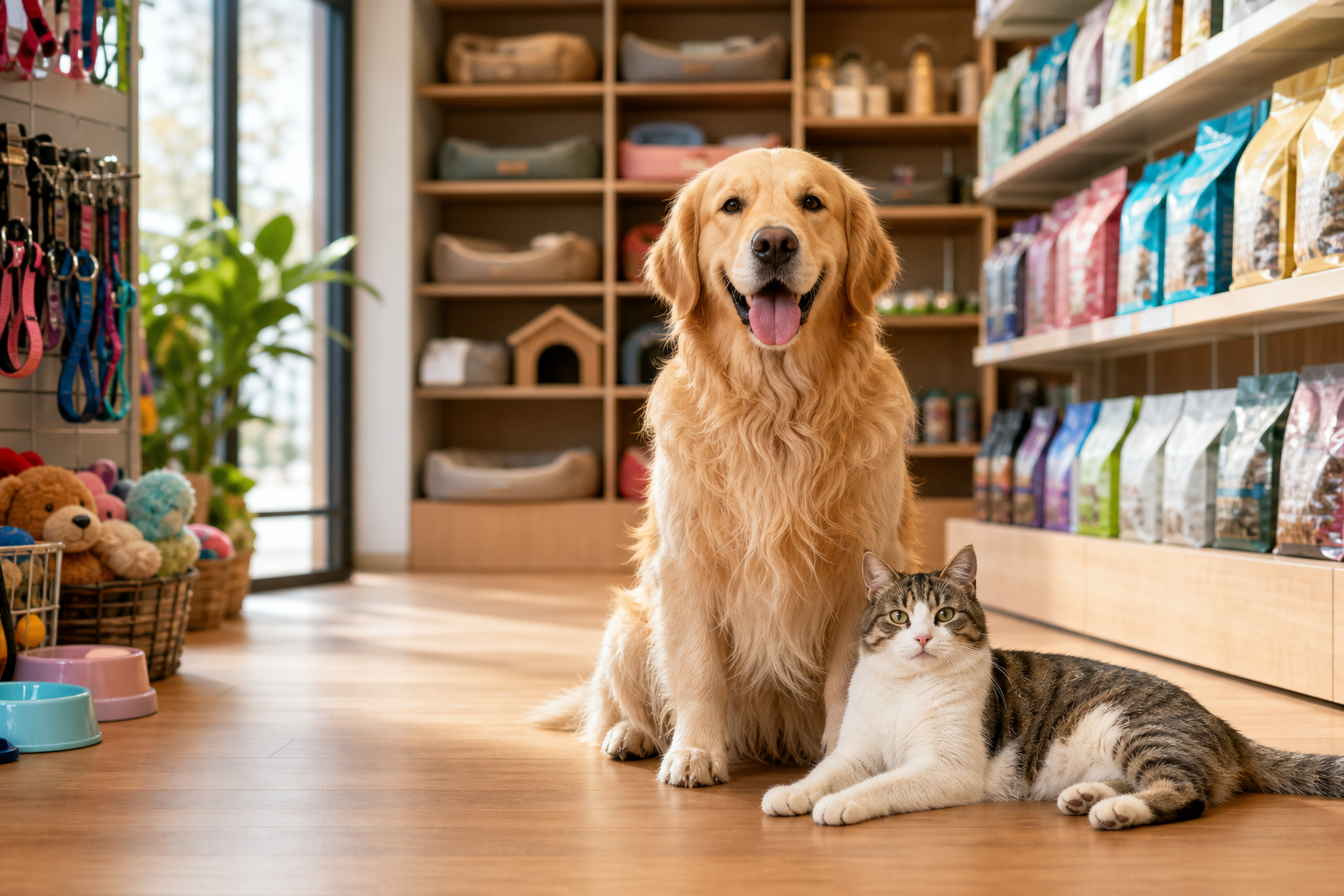 Perro y gato felices en el interior del Pet Shop Wila rodeados de alimentos y accesorios